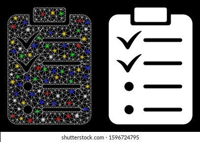 Flare mesh todo list icon with glare effect. Abstract illuminated model of todo list. Shiny wire frame triangular mesh todo list icon. Vector abstraction on a black background.