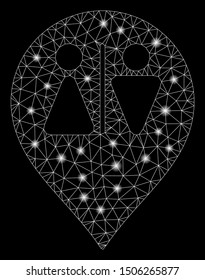 Flare mesh toilet map marker with glitter effect. Abstract illuminated model of toilet map marker icon. Shiny wire frame triangular mesh toilet map marker. Vector abstraction on a black background.