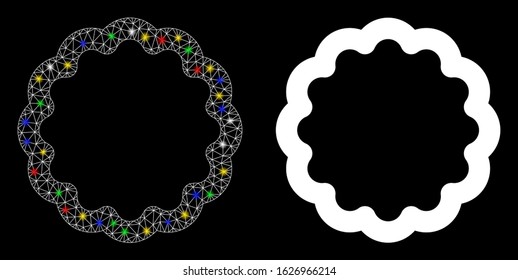 Flare mesh token icon with sparkle effect. Abstract illuminated model of token. Shiny wire frame triangular mesh token icon. Vector abstraction on a black background.