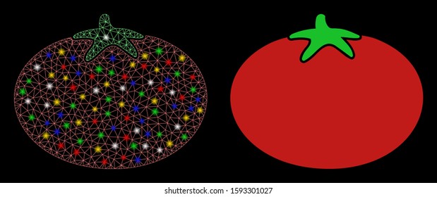 Flare mesh tomato icon with lightspot effect. Abstract illuminated model of tomato. Shiny wire carcass polygonal mesh tomato icon. Vector abstraction on a black background.
