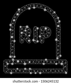 Flare mesh tomb with glitter effect. Abstract illuminated model of tomb icon. Shiny wire carcass triangular mesh tomb. Vector abstraction on a black background.