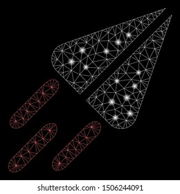 Flare mesh ton currency flight with sparkle effect. Abstract illuminated model of ton currency flight icon. Shiny wire carcass triangular mesh ton currency flight.