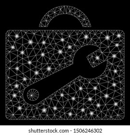Flare mesh tool case with glow effect. Abstract illuminated model of tool case icon. Shiny wire carcass triangular network tool case. Vector abstraction on a black background.