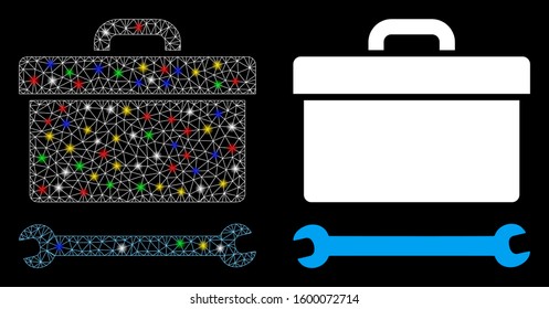 Flare mesh toolbox icon with glare effect. Abstract illuminated model of toolbox. Shiny wire carcass triangular mesh toolbox icon. Vector abstraction on a black background.