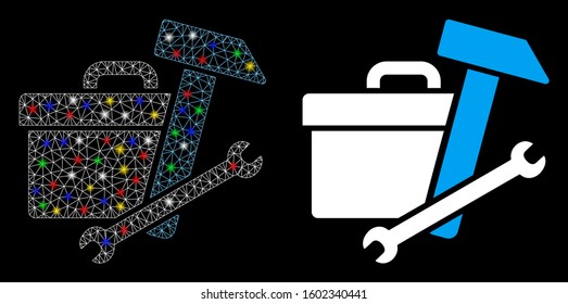 Flare mesh toolbox icon with glare effect. Abstract illuminated model of toolbox. Shiny wire carcass triangular mesh toolbox icon. Vector abstraction on a black background.