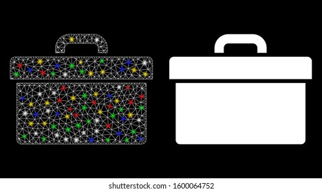 Flare mesh toolbox icon with glitter effect. Abstract illuminated model of toolbox. Shiny wire frame triangular mesh toolbox icon. Vector abstraction on a black background.
