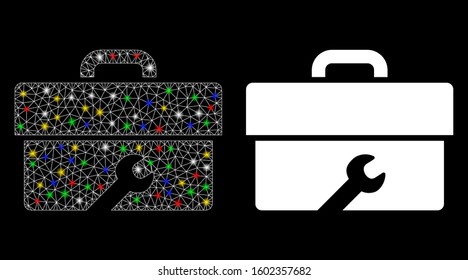 Flare mesh toolbox icon with glitter effect. Abstract illuminated model of toolbox. Shiny wire frame triangular mesh toolbox icon. Vector abstraction on a black background.