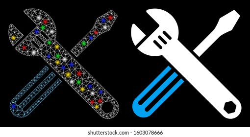 Flare mesh tools icon with glow effect. Abstract illuminated model of tools. Shiny wire frame polygonal mesh tools icon. Vector abstraction on a black background.