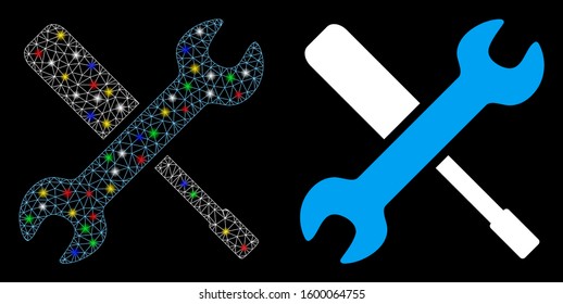 Flare mesh tools icon with lightspot effect. Abstract illuminated model of tools. Shiny wire carcass polygonal mesh tools icon. Vector abstraction on a black background.