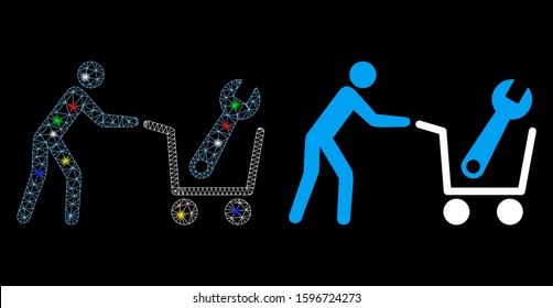 Flare mesh tools shopping icon with glitter effect. Abstract illuminated model of tools shopping. Shiny wire carcass triangular mesh tools shopping icon. Vector abstraction on a black background.