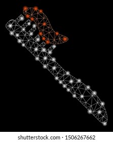 Flare mesh tooth brush with lightspot effect. Abstract illuminated model of tooth brush icon. Shiny wire carcass polygonal mesh tooth brush. Vector abstraction on a black background.