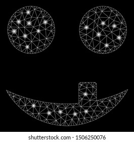 Flare mesh tooth smiley with glitter effect. Abstract illuminated model of tooth smiley icon. Shiny wire frame polygonal mesh tooth smiley. Vector abstraction on a black background.