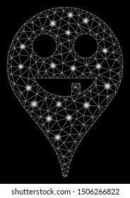 Flare mesh toothless smiley map marker with glow effect. Abstract illuminated model of toothless smiley map marker icon. Shiny wire carcass triangular mesh toothless smiley map marker.