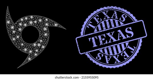 Flare mesh tornado with glowing spots, and Texas blue round textured stamp seal. Vector model generated from tornado icon. Illuminated carcass mesh tornado.