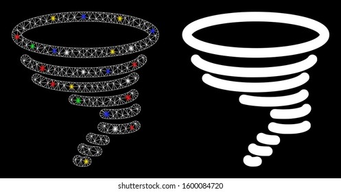 Flare mesh tornado icon with glare effect. Abstract illuminated model of tornado. Shiny wire frame triangular mesh tornado icon. Vector abstraction on a black background.
