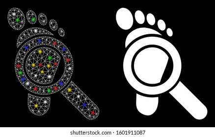 Flare mesh trace detective icon with sparkle effect. Abstract illuminated model of trace detective. Shiny wire frame triangular mesh trace detective icon. Vector abstraction on a black background.