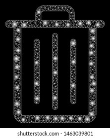 Flare mesh trash can with glare effect. Abstract illuminated model of trash can icon. Shiny wire frame polygonal mesh trash can. Vector abstraction on a black background.