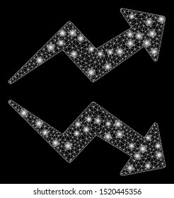 Flare mesh trends with glitter effect. Abstract illuminated model of trends icon. Shiny wire carcass triangular mesh trends. Vector abstraction on a black background.