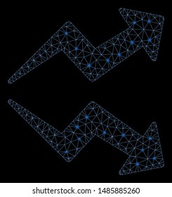 Flare mesh trends with lightspot effect. Abstract illuminated model of trends icon. Shiny wire carcass triangular mesh trends. Vector abstraction on a black background.