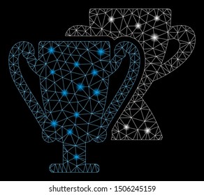 Flare mesh trophy cups with lightspot effect. Abstract illuminated model of trophy cups icon. Shiny wire frame polygonal mesh trophy cups. Vector abstraction on a black background.