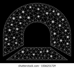 Flare mesh tunnel with glitter effect. Abstract illuminated model of tunnel icon. Shiny wire carcass polygonal mesh tunnel. Vector abstraction on a black background.