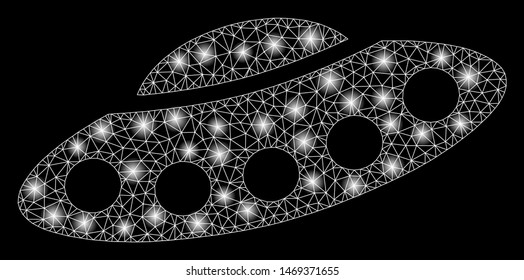 Flare mesh UFO with glare effect. Abstract illuminated model of UFO icon. Shiny wire carcass triangular mesh UFO. Vector abstraction on a black background.