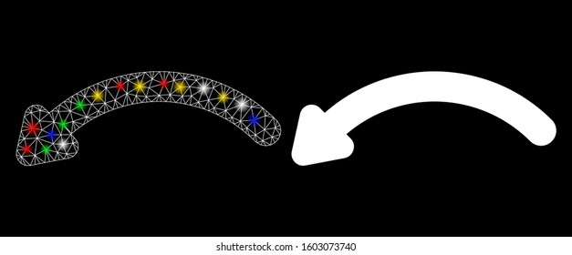 Flare mesh undo icon with glitter effect. Abstract illuminated model of undo. Shiny wire frame polygonal mesh undo icon. Vector abstraction on a black background.