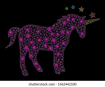 Flare mesh unicorn with lightspot effect. Abstract illuminated model of unicorn icon. Shiny wire frame polygonal mesh unicorn. Vector abstraction on a black background.