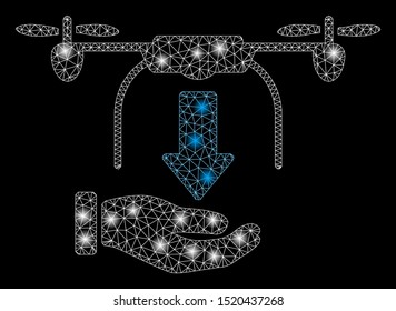 Flare mesh unload drone hand with glow effect. Abstract illuminated model of unload drone hand icon. Shiny wire carcass triangular mesh unload drone hand. Vector abstraction on a black background.