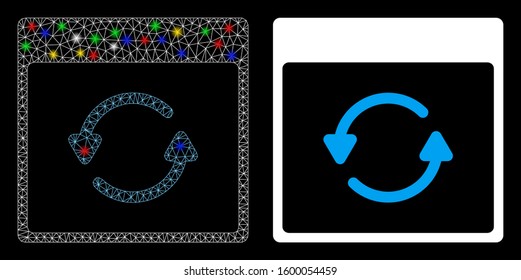 Flare mesh update calendar page icon with lightspot effect. Abstract illuminated model of update calendar page. Shiny wire carcass triangular mesh update calendar page icon.
