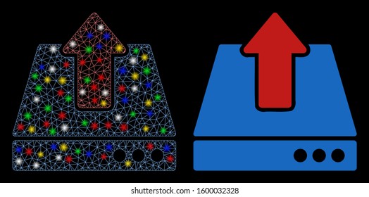 Flare mesh upload icon with glare effect. Abstract illuminated model of upload. Shiny wire frame triangular mesh upload icon. Vector abstraction on a black background.