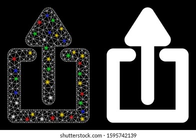 Flare mesh upload icon with glow effect. Abstract illuminated model of upload. Shiny wire carcass triangular mesh upload icon. Vector abstraction on a black background.