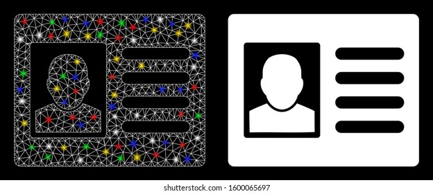 Flare mesh user account icon with glare effect. Abstract illuminated model of user account. Shiny wire frame triangular mesh user account icon. Vector abstraction on a black background.