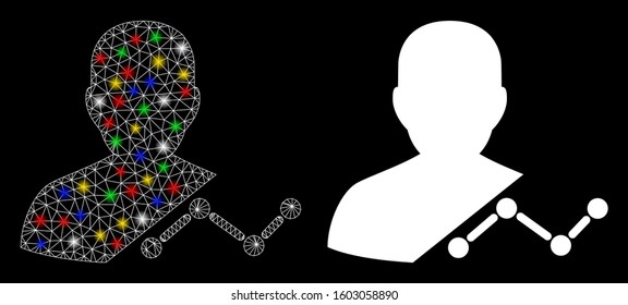 Flare mesh user analytics icon with sparkle effect. Abstract illuminated model of user analytics. Shiny wire frame triangular mesh user analytics icon. Vector abstraction on a black background.