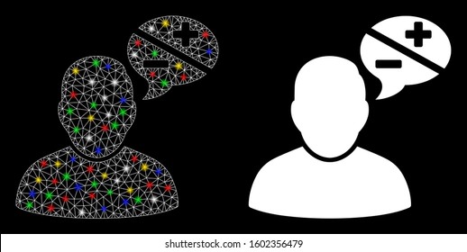 Flare mesh user arguments icon with lightspot effect. Abstract illuminated model of user arguments. Shiny wire carcass triangular mesh user arguments icon. Vector abstraction on a black background.