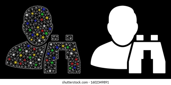 Flare mesh user binoculars search tool icon with glare effect. Abstract illuminated model of user binoculars search tool. Shiny wire frame triangular mesh user binoculars search tool icon.