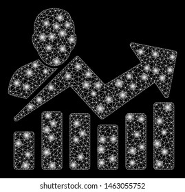 Flare mesh user chart with glow effect. Abstract illuminated model of user chart icon. Shiny wire frame triangular mesh user chart. Vector abstraction on a black background.