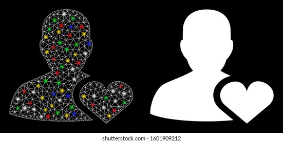 Flare mesh user favourites icon with lightspot effect. Abstract illuminated model of user favourites. Shiny wire carcass polygonal mesh user favourites icon. Vector abstraction on a black background.