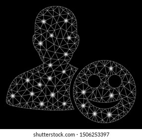 Flare mesh user glad smiley with glare effect. Abstract illuminated model of user glad smiley icon. Shiny wire carcass triangular mesh user glad smiley. Vector abstraction on a black background.