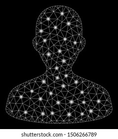 Flare mesh user with glare effect. Abstract illuminated model of user icon. Shiny wire carcass triangular mesh user. Vector abstraction on a black background.
