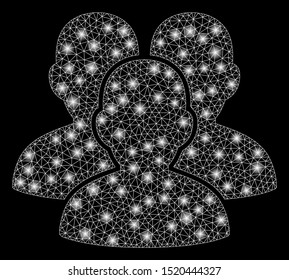 Flare mesh user group with glitter effect. Abstract illuminated model of user group icon. Shiny wire frame triangular mesh user group. Vector abstraction on a black background.