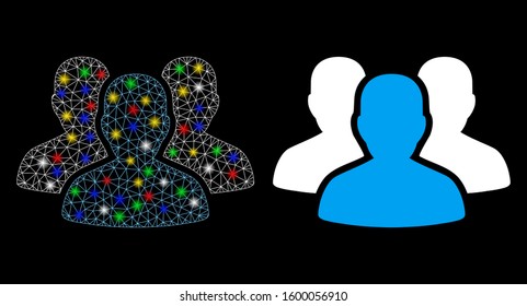 Flare mesh user group icon with glitter effect. Abstract illuminated model of user group. Shiny wire frame triangular mesh user group icon. Vector abstraction on a black background.