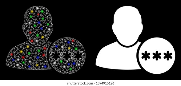 Flare mesh user hidden password icon with lightspot effect. Abstract illuminated model of user hidden password. Shiny wire frame triangular mesh user hidden password icon.