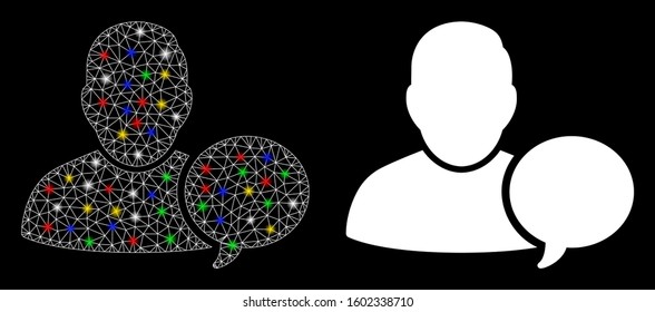 Flare mesh user hint balloon icon with sparkle effect. Abstract illuminated model of user hint balloon. Shiny wire frame triangular mesh user hint balloon icon.
