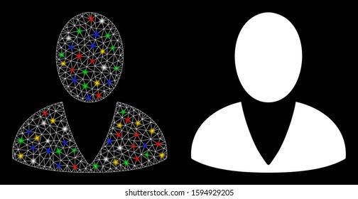 Flare mesh user icon with glare effect. Abstract illuminated model of user. Shiny wire carcass triangular network user icon. Vector abstraction on a black background.