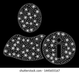 Flare mesh user info with lightspot effect. Abstract illuminated model of user info icon. Shiny wire frame triangular mesh user info. Vector abstraction on a black background.