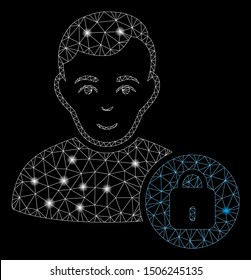 Flare mesh user lock with sparkle effect. Abstract illuminated model of user lock icon. Shiny wire carcass polygonal network user lock. Vector abstraction on a black background.