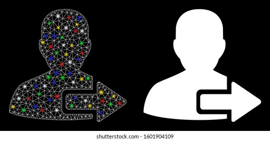 Flare mesh user logout arrow icon with glow effect. Abstract illuminated model of user logout arrow. Shiny wire frame triangular mesh user logout arrow icon. Vector abstraction on a black background.