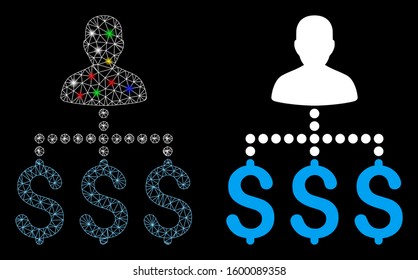 Flare mesh user payments icon with sparkle effect. Abstract illuminated model of user payments. Shiny wire frame triangular mesh user payments icon. Vector abstraction on a black background.