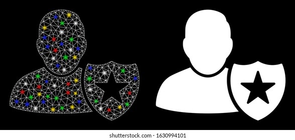 Flare mesh user protection shield icon with glow effect. Abstract illuminated model of user protection shield. Shiny wire frame triangular mesh user protection shield icon.